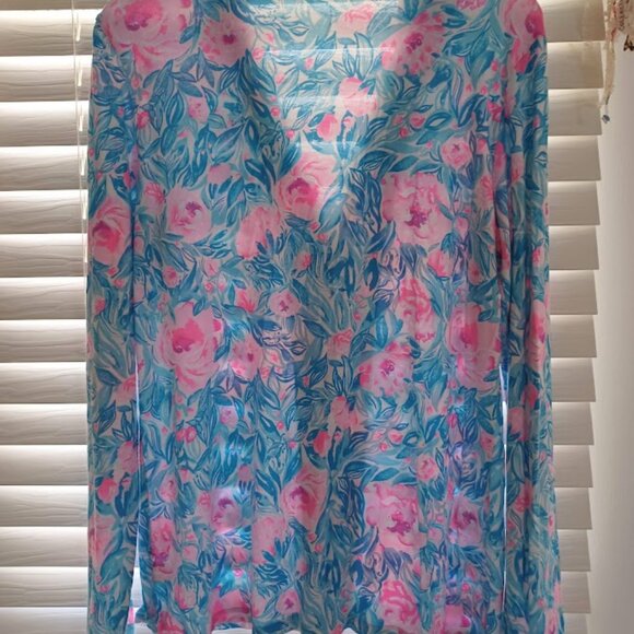Lilly Pulitzer Women’s Pajama Top Sz L Pink Blue Floral Button Front Sleep Shirt - Picture 6 of 7